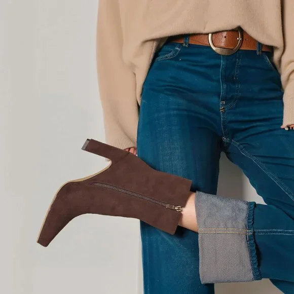 Women's Chocolate Suede Chunky Heel Square Toe Heeled Boots with Zipper Comfort - Picture 2 of 6